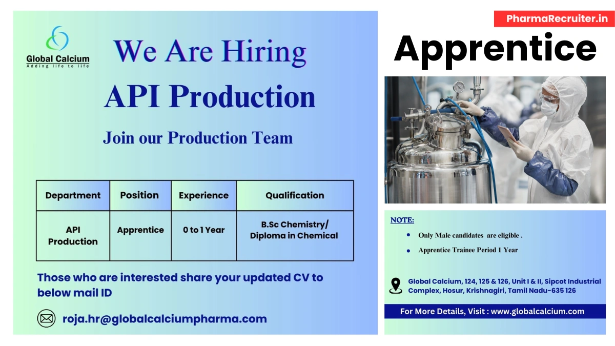 Global Calcium Hiring Freshers for API Production Apprentices in Hosur, Tamil Nadu