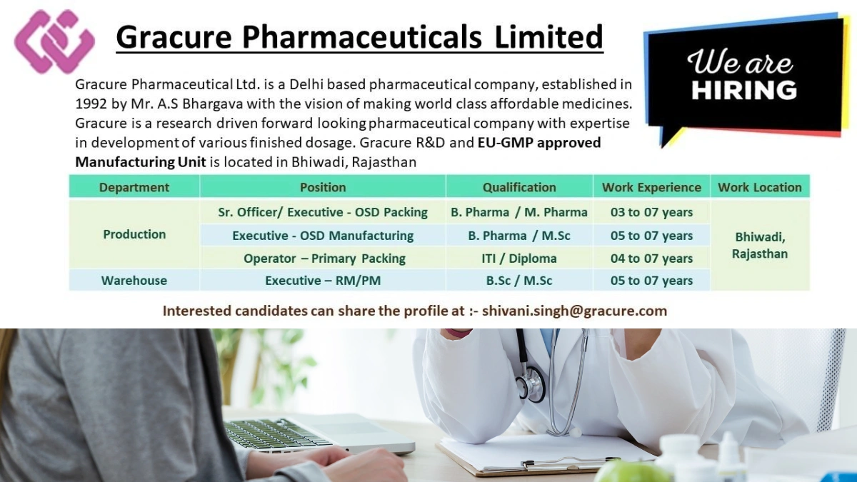 Gracure Pharmaceuticals Hiring for Production and Warehouse Roles in Bhiwadi, Rajasthan - 2025