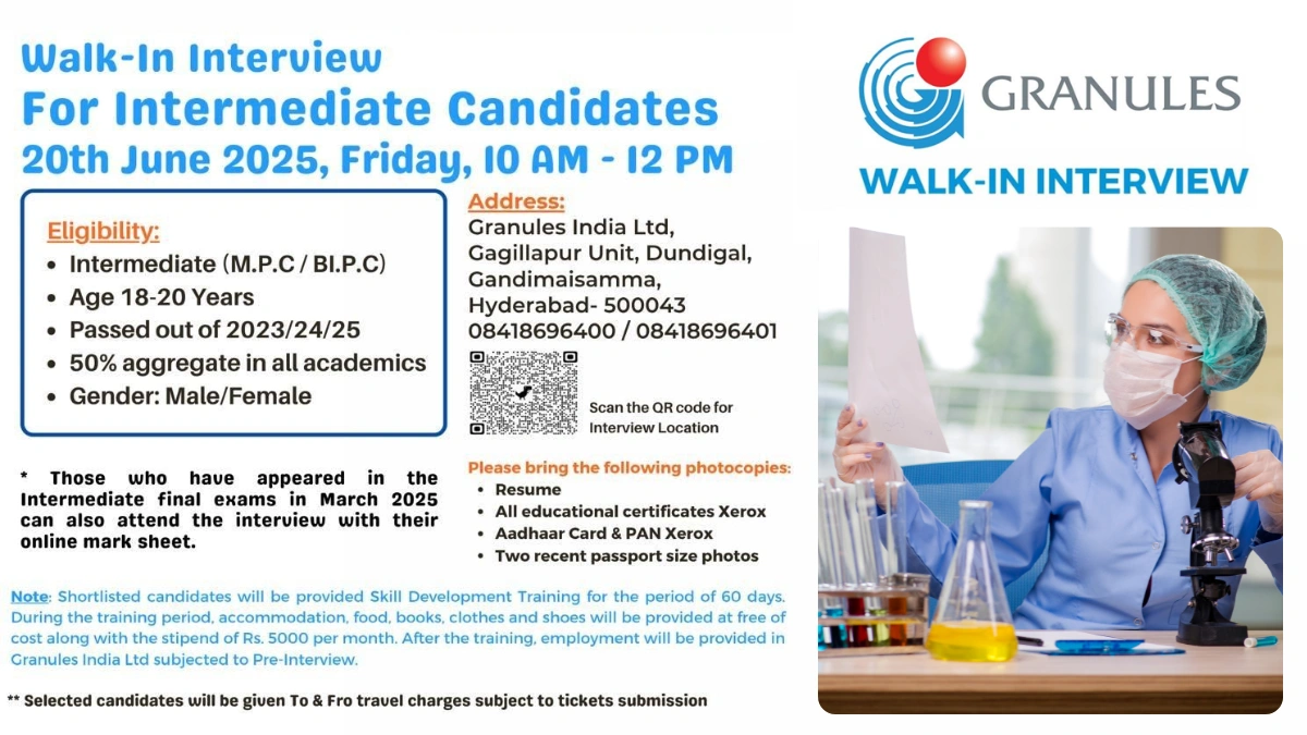 Granules India Ltd Walk-In Interview for Intermediate Candidates for Skill Development Training Program