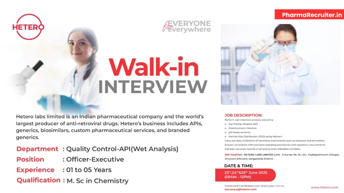 Hetero Labs Limited Hosts Walk-In Drive for Quality Control Roles