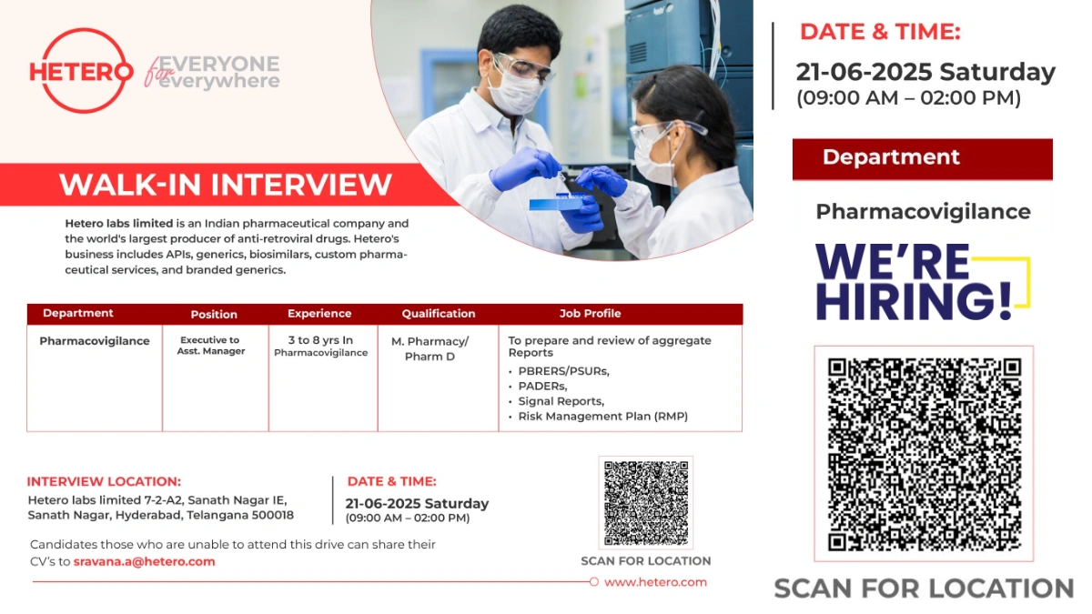 Hetero Labs Limited Walk-In Interview for Pharmacovigilance Roles