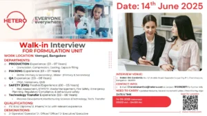 Hetero Walk-in Interview for Formulation Unit in Bangalore on 14th June