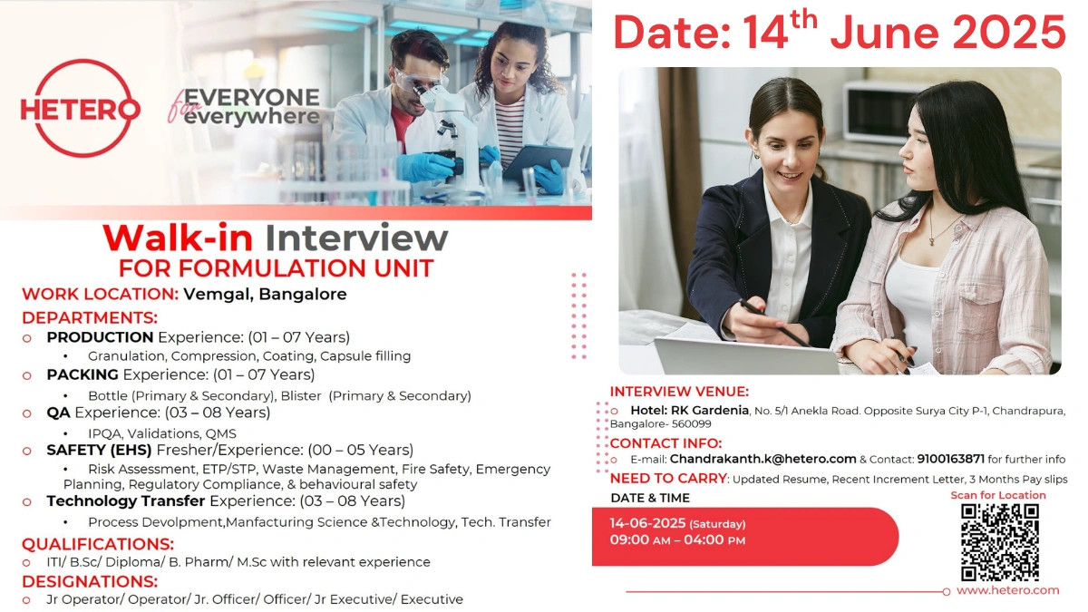 Hetero Walk-in Interview for Formulation Unit in Bangalore on 14th June