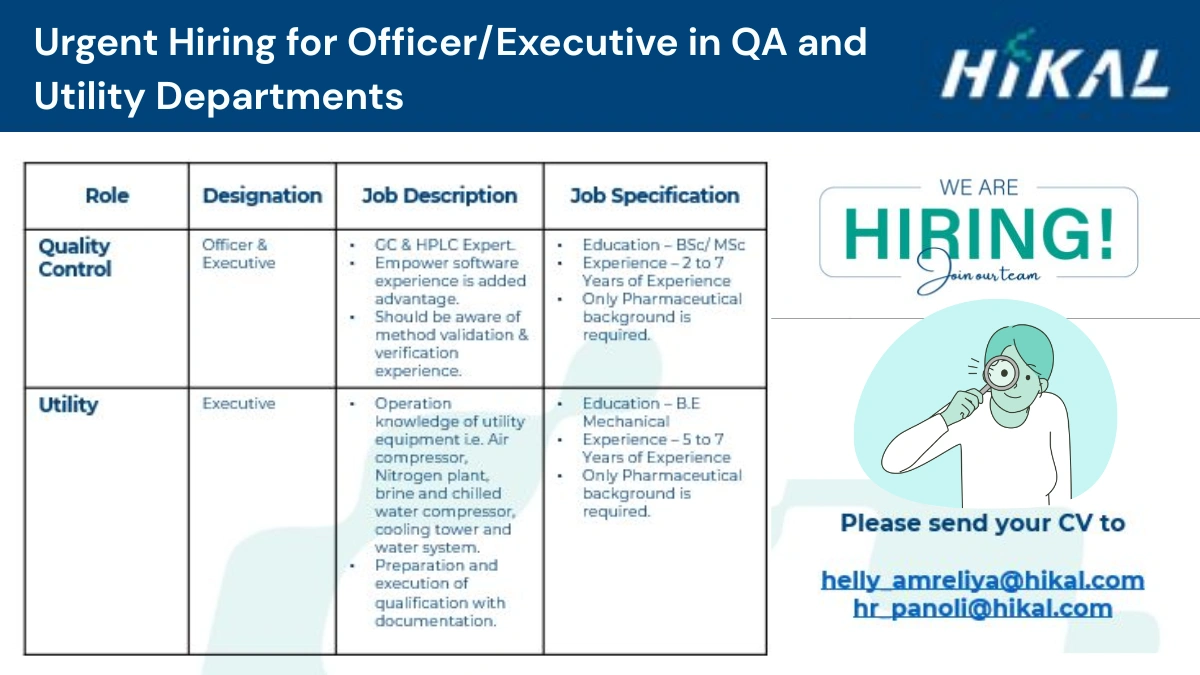 Hikal Ltd - Urgent Hiring for Officer, Executive in QA and Utility Departments in Panoli