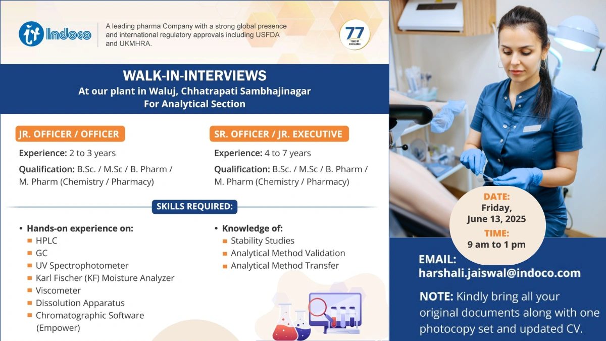 Indoco Remedies Walk-In Interview for Analytical Roles in Waluj, Chhatrapati Sambhajinagar - June 2025