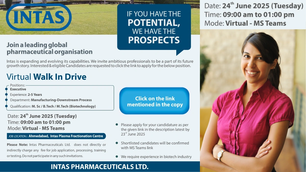 Intas Pharmaceuticals - Virtual Walk-in Drive for Downstream Process Executives