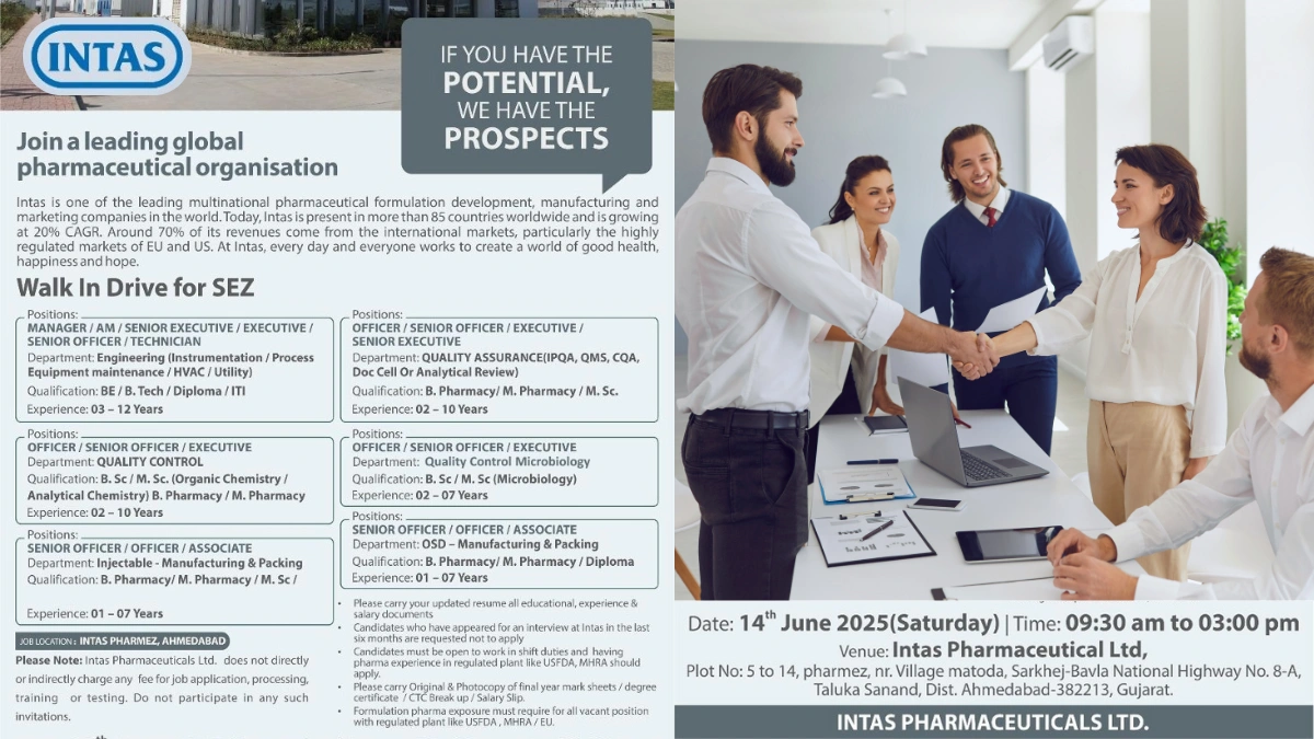 Intas Pharmaceuticals Walk-In Drive for Pharmaceutical Jobs on 14th June
