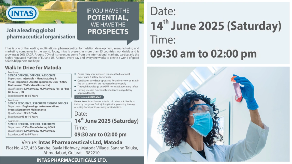 Intas Pharmaceuticals Walk-In Interview for Injectable, Engineering, and OSD Roles