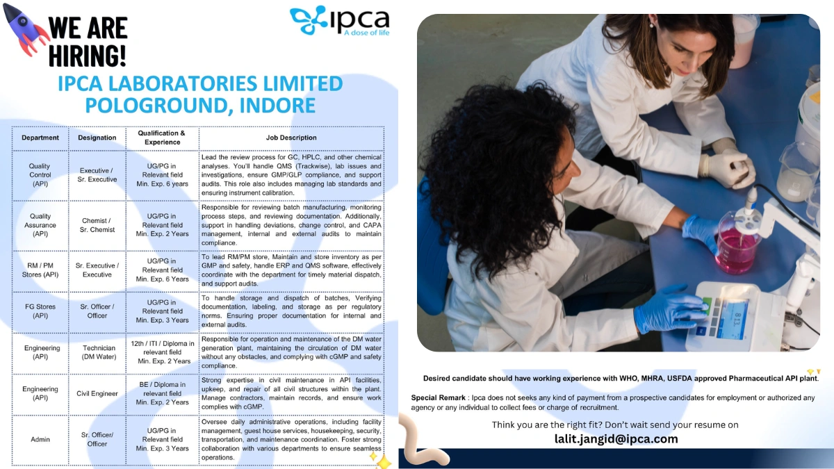 Ipca Laboratories Limited Walk-In Recruitment Drive for QA, QC, Store and Engineering Roles