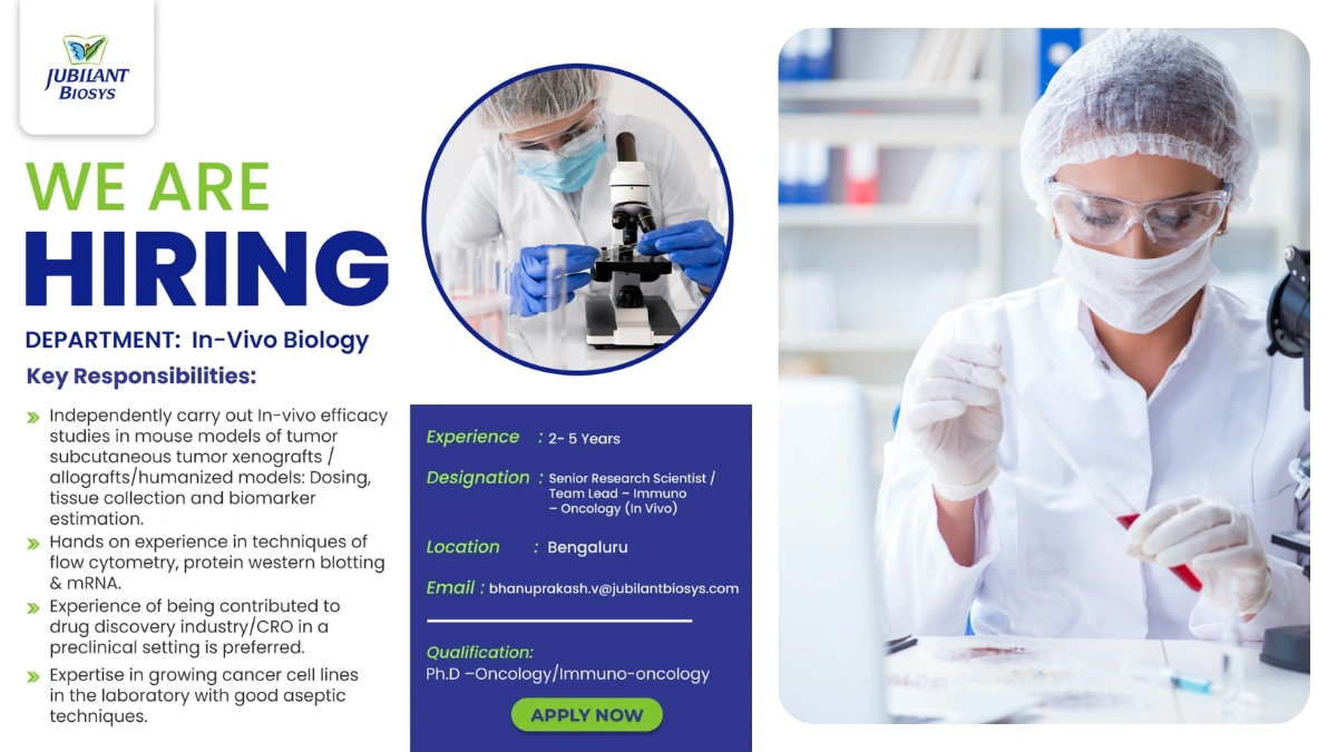 Jubilant Biosys Hiring Senior Research Scientist & Team Lead - Immuno-Oncology (In-Vivo)