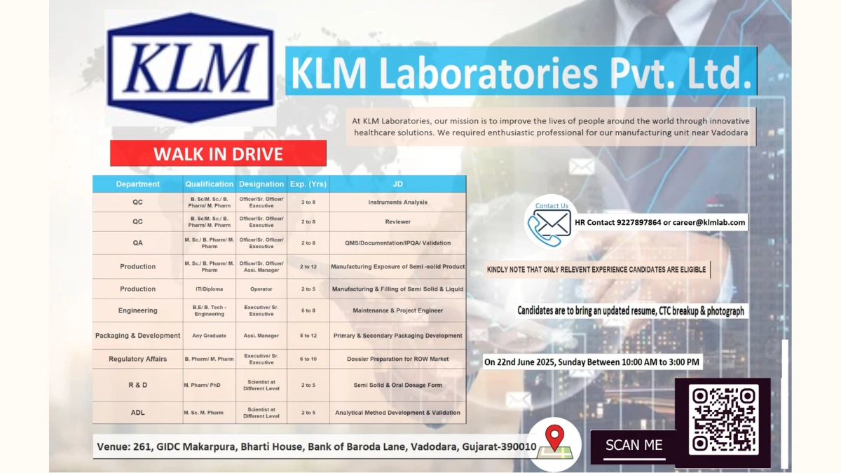 KLM Laboratories Walk-In Drive for Quality Assurance, Production, Engineering, Packing & Development, Regulatory Affairs, R&D