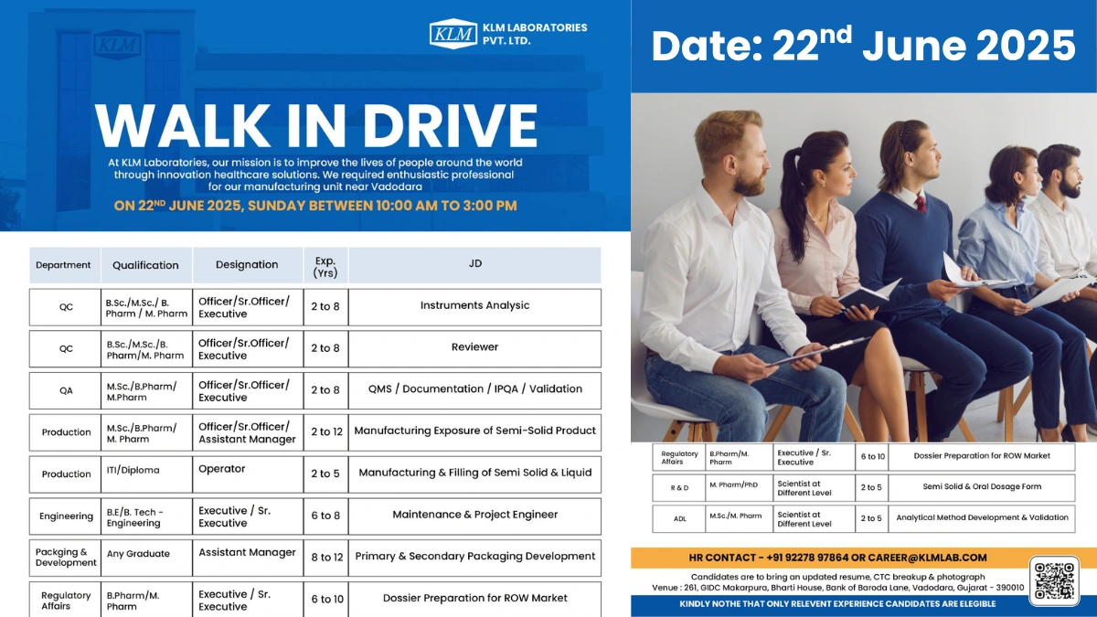 KLM Laboratories Walk-In Interview for Production, QA, QC, Engineering, Regulatory Affairs, ADL, Packaging & Development and R&D Job Roles