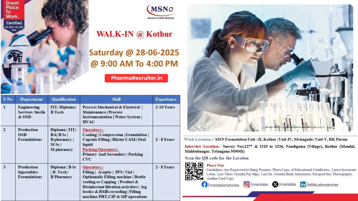MSN Laboratories Walk-In Drive for Engineering and Production on 28th June