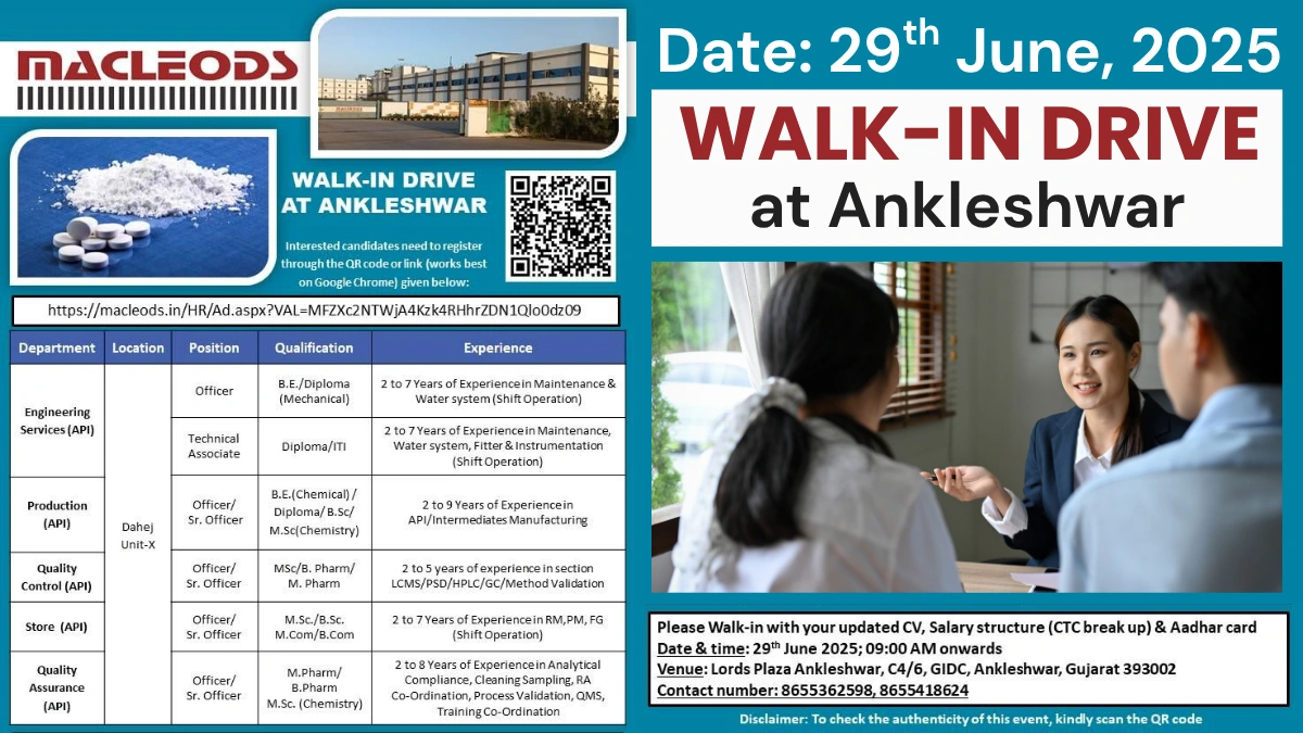 Macleods Pharmaceuticals Walk-In Drive for Engineer, QA, QC, Production and Store Roles on 29th June