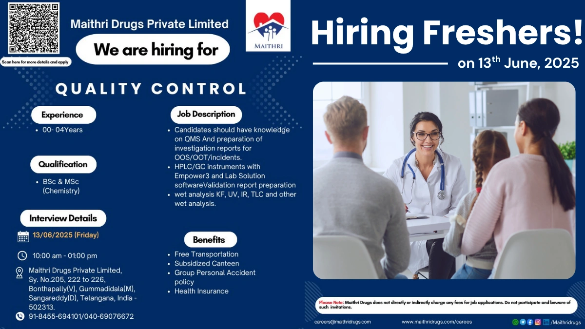 Maithri Drugs Walk-In Interview for Quality Control Jobs for Freshers & Experienced