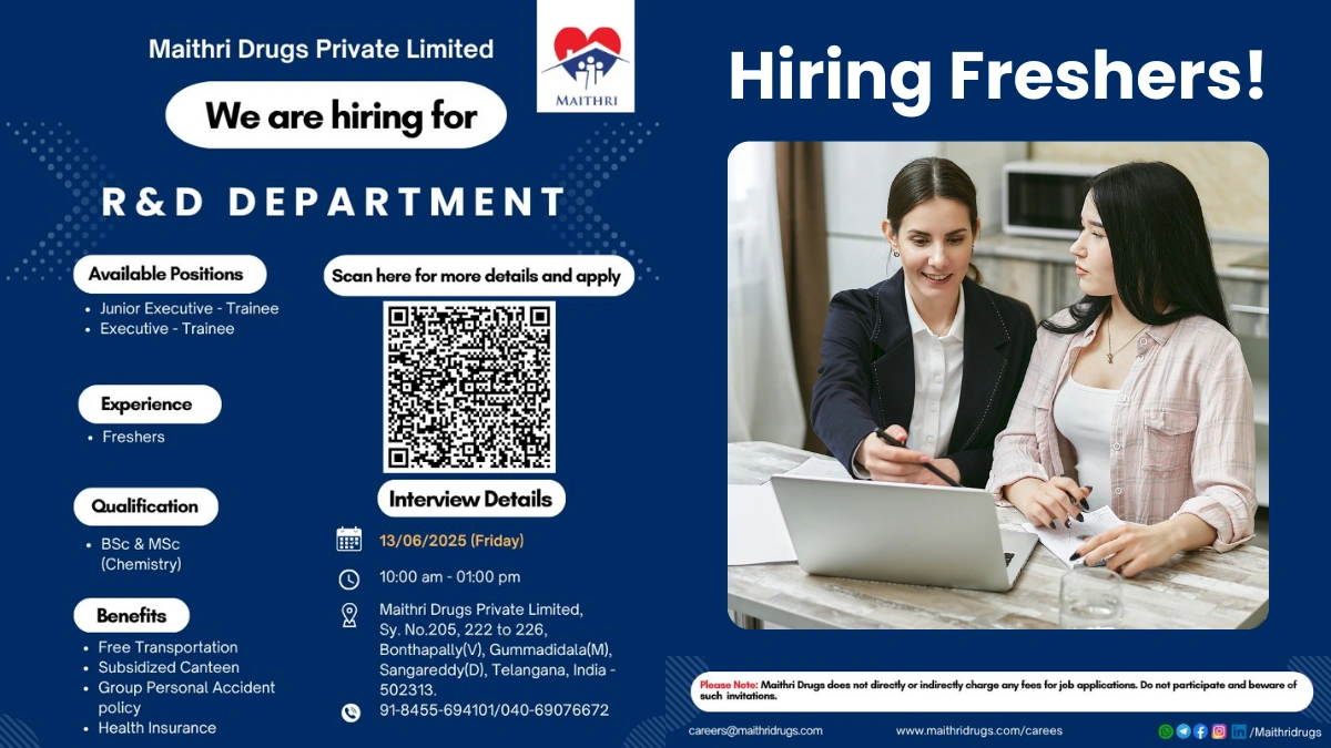 Maithri Drugs Walk-In Interview for R&D Trainee Jobs for Freshers