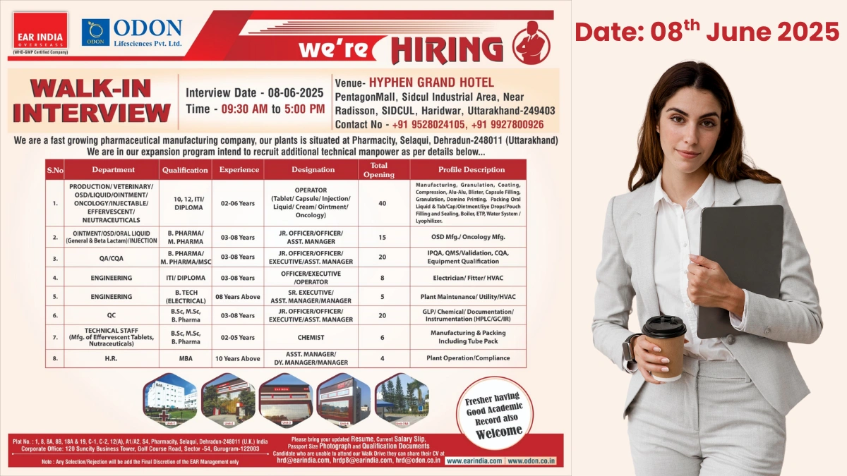 ODON Lifesciences Walk-In Interview for Production, QA, QC, Hr & Technical Staff Roles