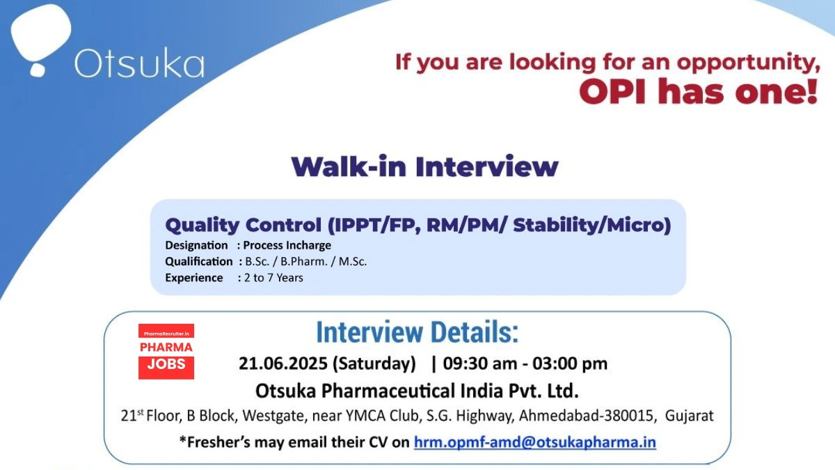 Otsuka Pharmaceutical India Walk-In Interview for Quality Control Roles