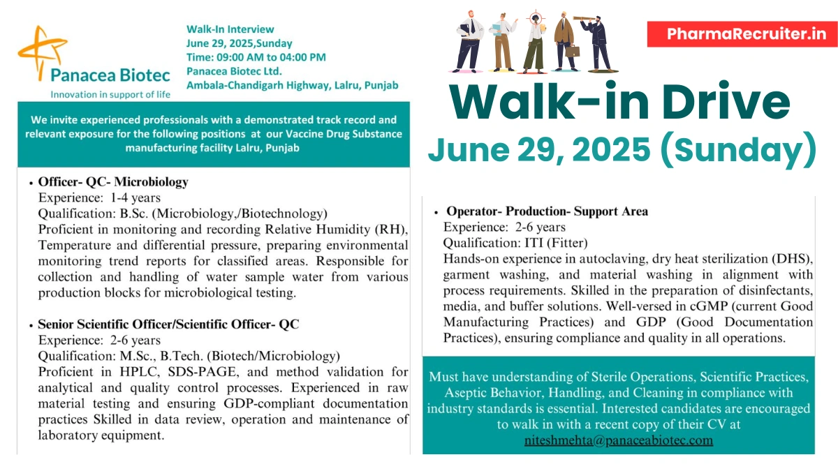 Panacea Biotec Ltd. Walk-In Interview for Production and QC Microbiology Roles on 29th June