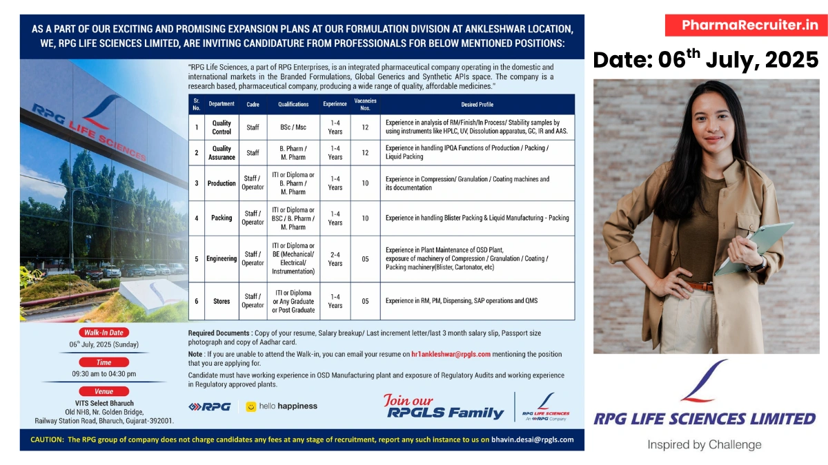 RPG Life Sciences Walk-In Drive for Quality, Production, Packing, Engineering, and Stores Roles – July 6, 2025