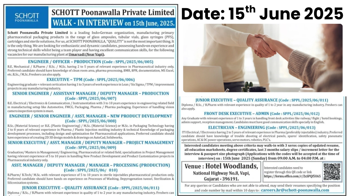 SCHOTT Poonawalla Private Limited Walk-In Interview for Production, QA, Admin & Engineering Departments