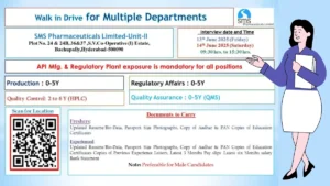 SMS Pharmaceuticals Limited Walk-In Interview for Production, QA, QC & Regulatory Affairs