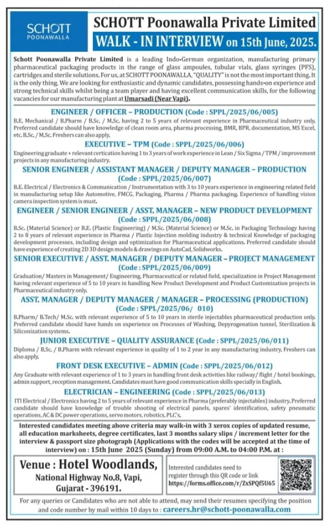 SCHOTT Poonawalla Private Limited Walk-In Interview for Production, QA, Admin & Engineering Departments – 15th June 2025