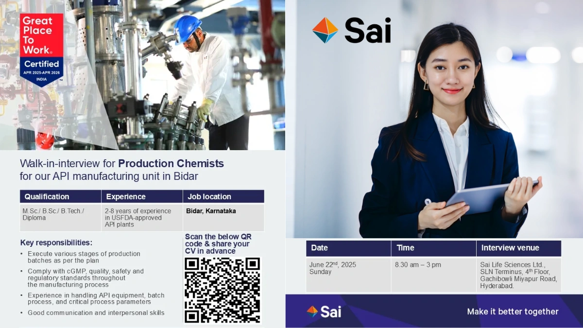 Sai Life Sciences Walk-in Interview for Production Chemists in Bidar