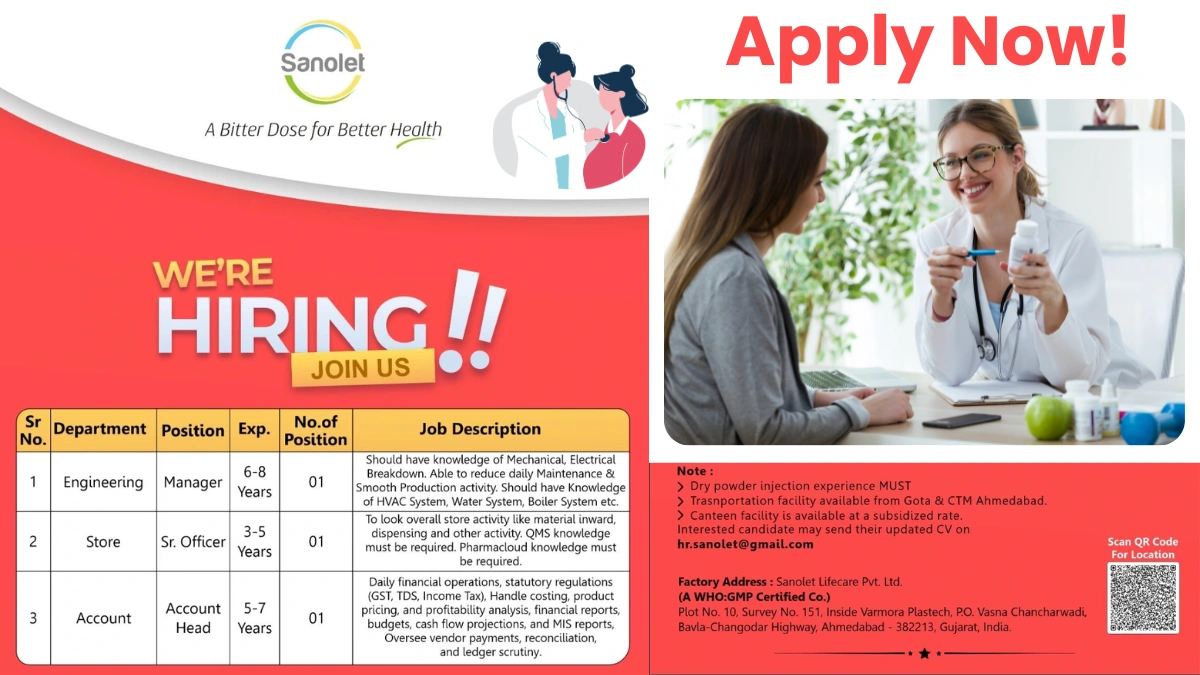 Sanolet Lifecare Hiring for Engineering, Store, and Accounts Roles
