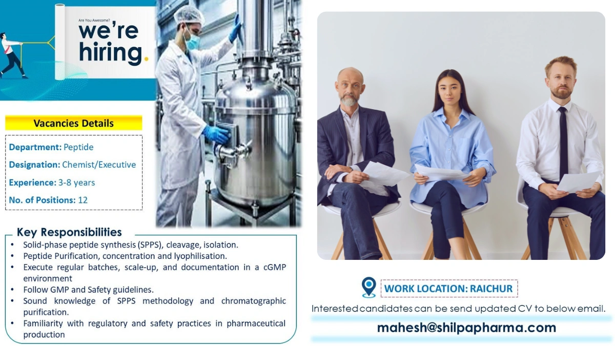 Shilpa Pharma Lifesciences is Hiring for Peptide Chemist, Executive in Raichur, Karnataka