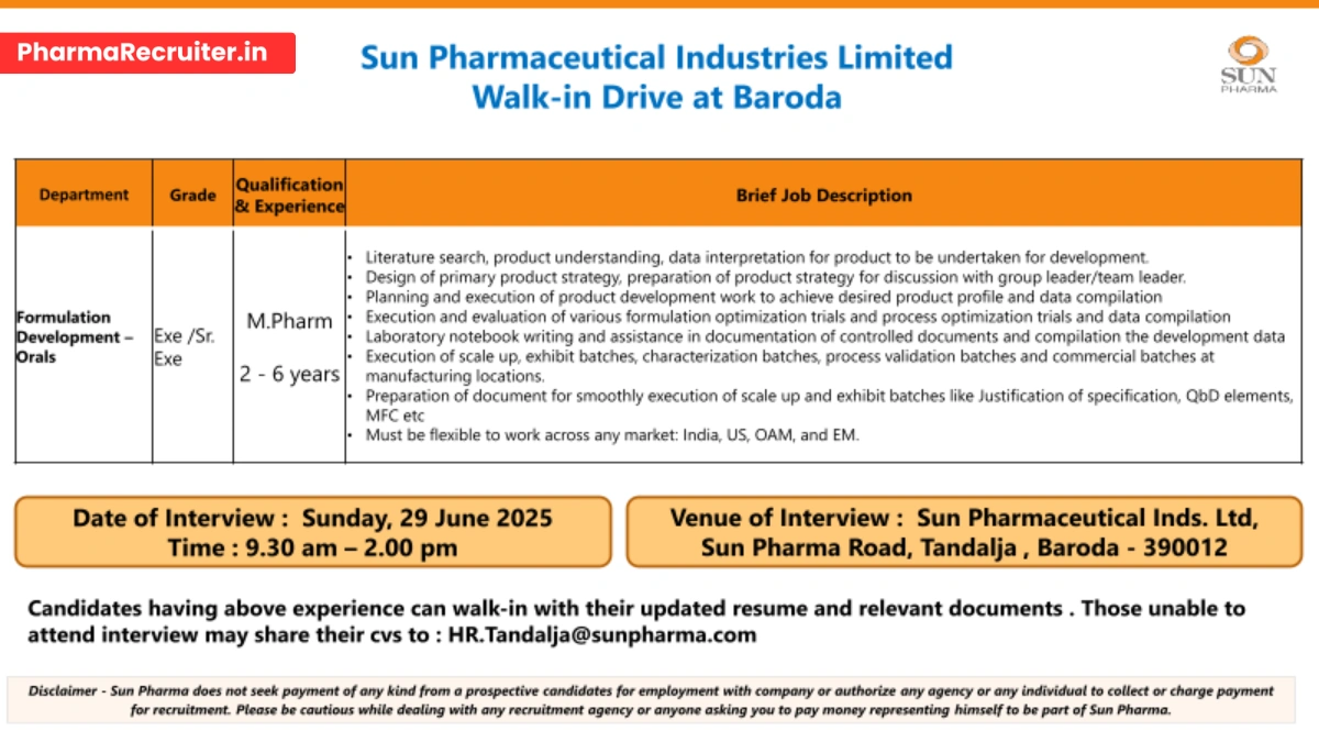 Sun Pharma Walk-In Drive for Executive & Senior Executive in Formulation Development on 29th June
