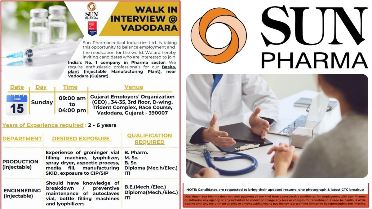Sun Pharma Walk-In Interview for Production & Engineering for Injectable Roles