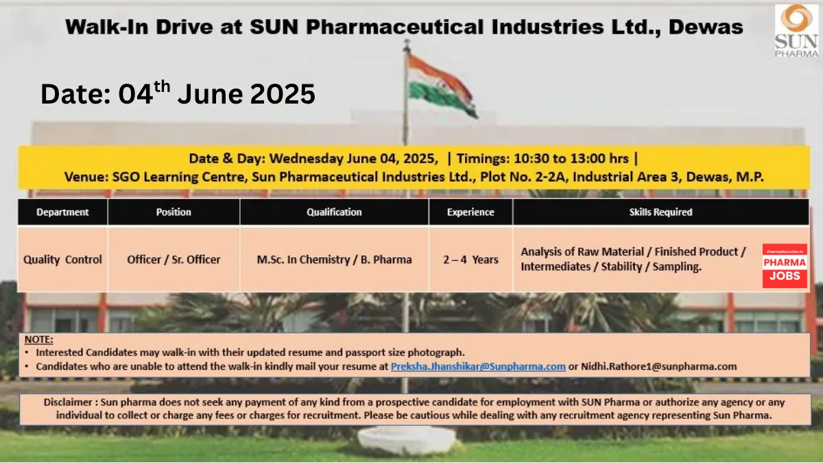 Sun Pharma – Walk-In Drive for Officer & Sr. Officer in Quality Control