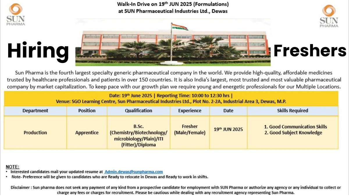 Sun Pharmaceutical Industries Walk-In Drive for Production Apprentice