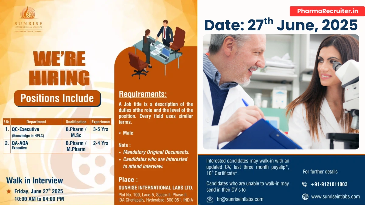 Sunrise International Labs Walk-In Drive for QC and QA Roles on 27th June
