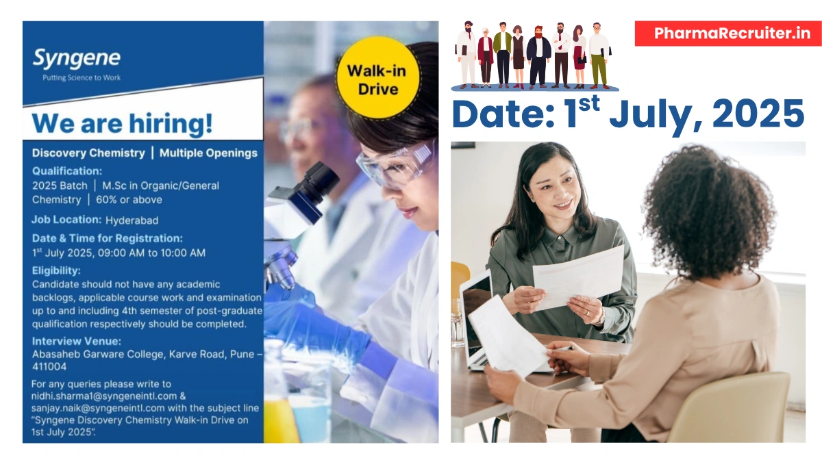 Syngene Walk-In Drive for Discovery Chemistry Roles on 1st July