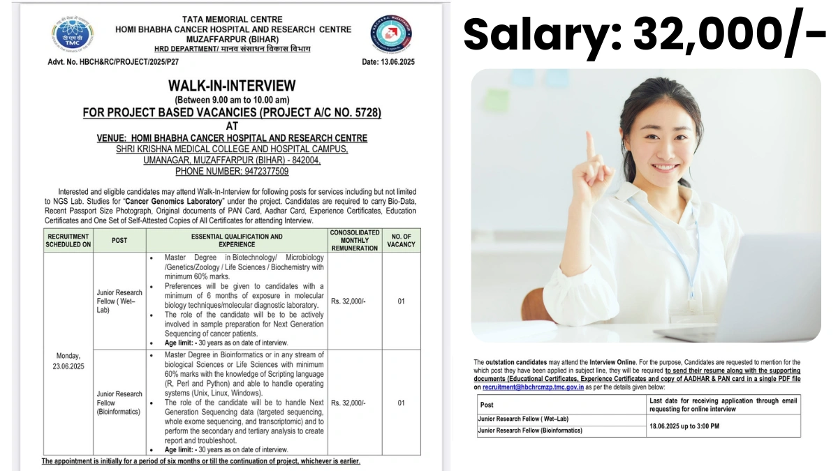 Tata Memorial Centre Walk in Drive for Junior Research Fellow Vacancies in Muzaffarpur