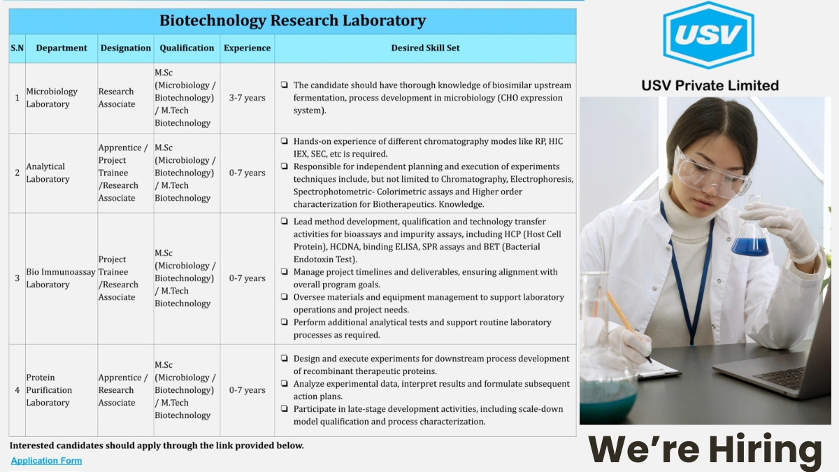 USV Biologics is Hiring Freshers for Multiple Positions in Biotechnology Research (0 - 7 Years Exp)