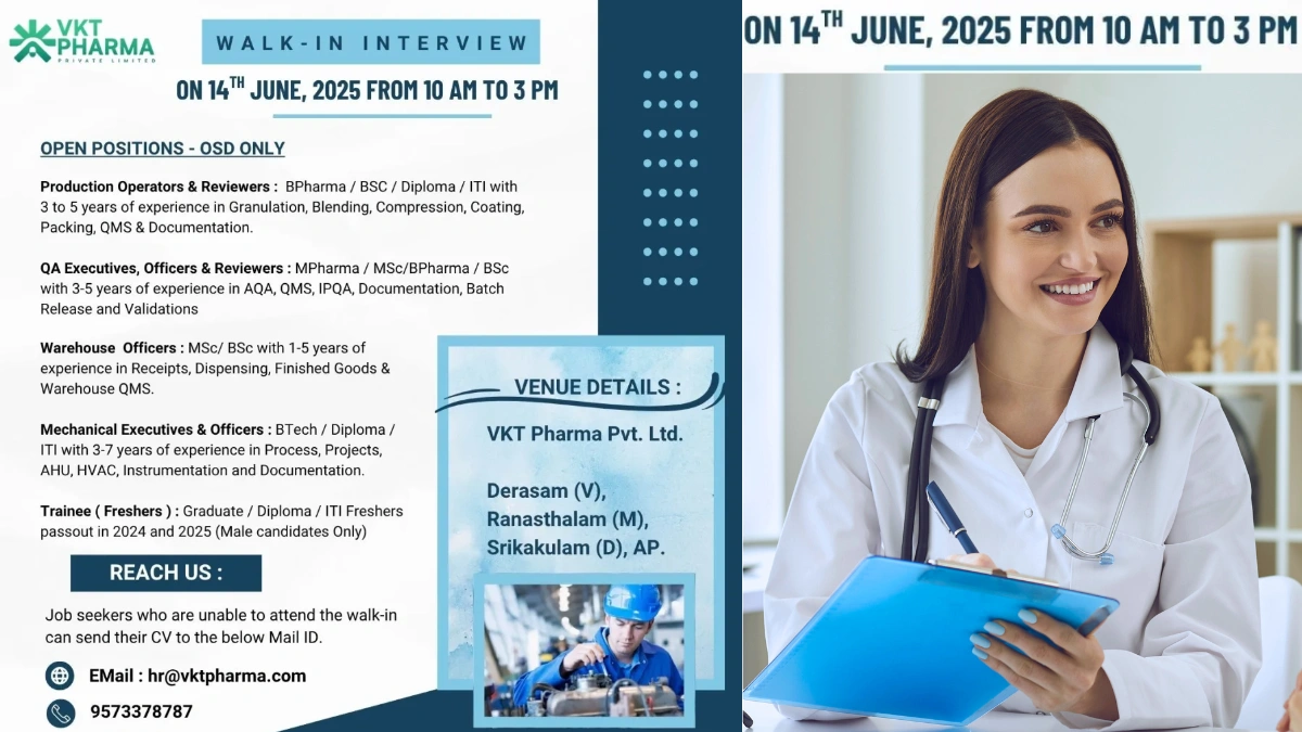 VKT Pharma Private Limited Walk-In Interview for Production, QA, Warehouse & Trainee Freshers
