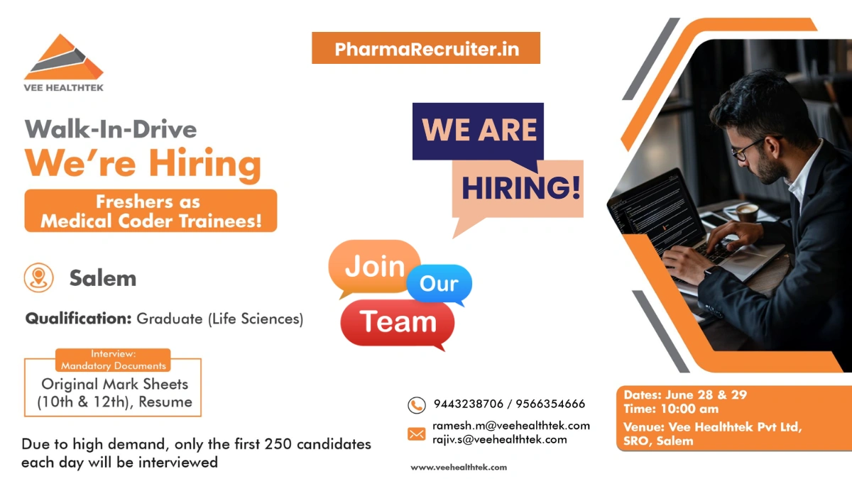 Vee Healthtek Hosts Walk-In Drive for Freshers as Medical Coder Trainees on 28th - 29th June