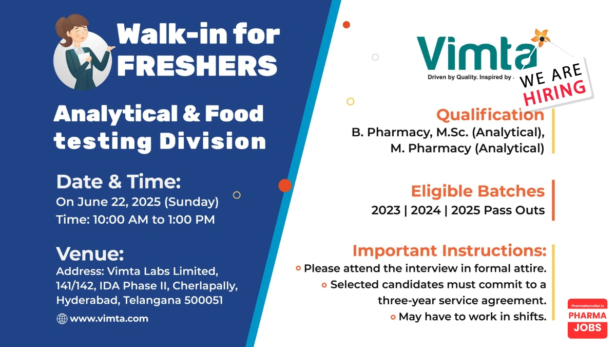 Vimta Labs Walk-In for Freshers for Analytical & Food Testing Division