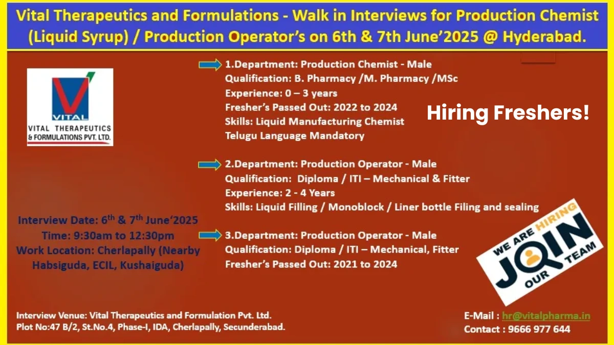 Vital Therapeutics Walk-In Interviews for Pharmaceutical Jobs in Production