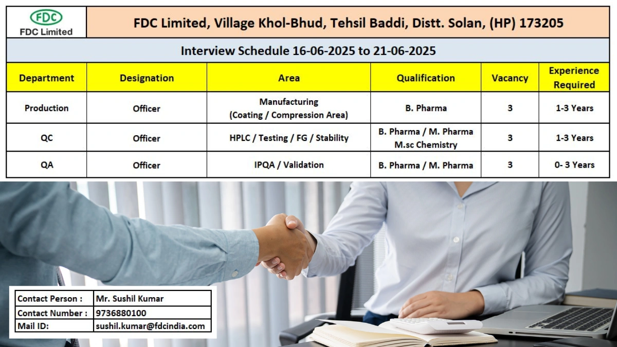 Walk-In Interview @ FDC Limited – Hiring for Production, QA & QC Roles on 16th to 21st June 2025