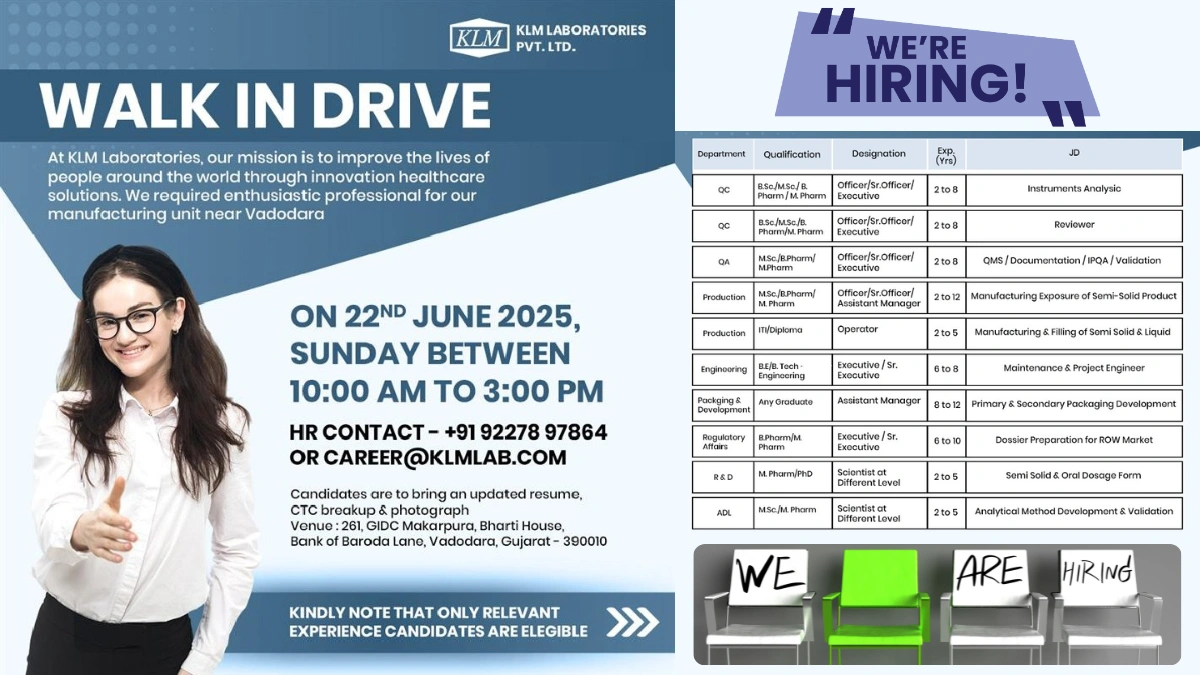 Walk-in Drive @ KLM Laboratories - Hiring for Production, QA, QC, R&D, Engineering, Regulatory Affairs, ADL and Packaging & Development Roles on June 22, 2025