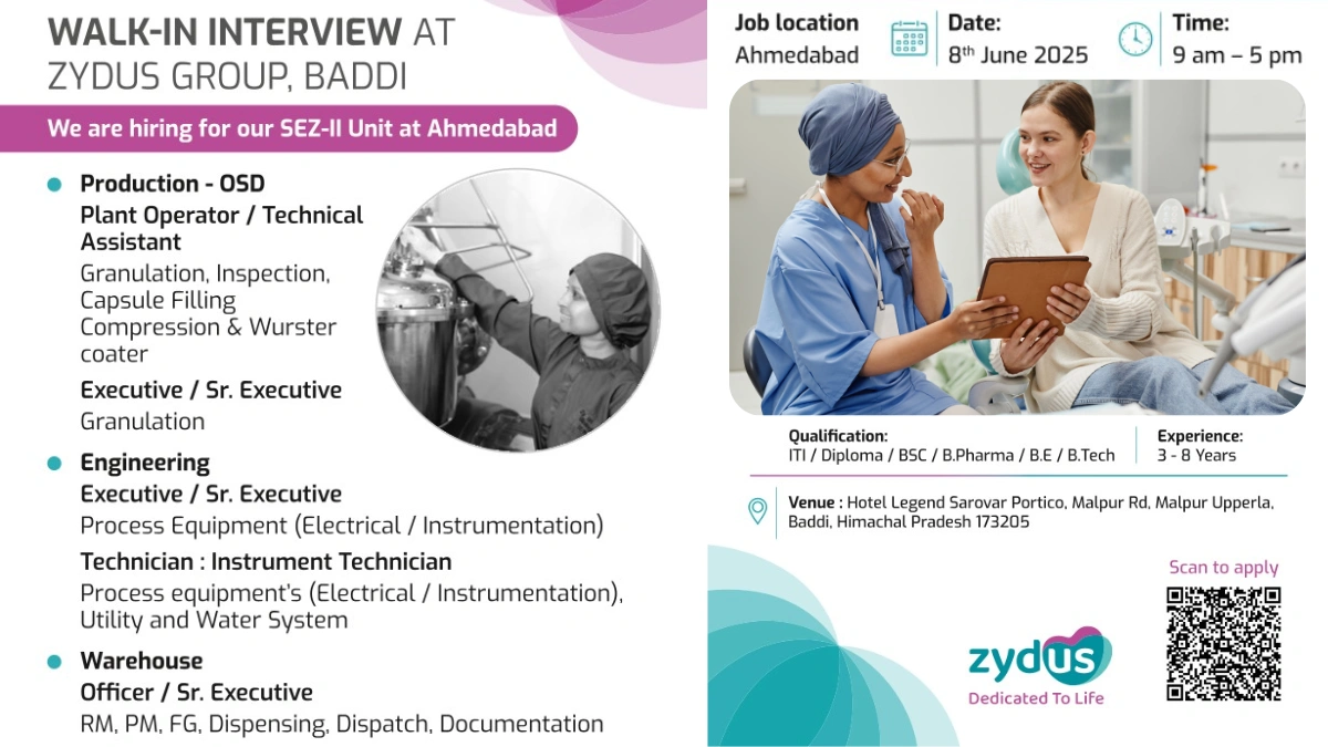 Zydus Group Walk-In Interview for OSD Manufacturing, Engineering, and Warehouse Roles