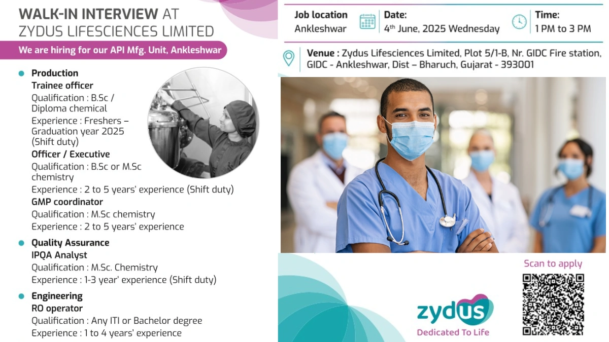 Zydus Lifesciences Limited Walk-In Interview for Production, QA, RO and Admin Department - Apprentice