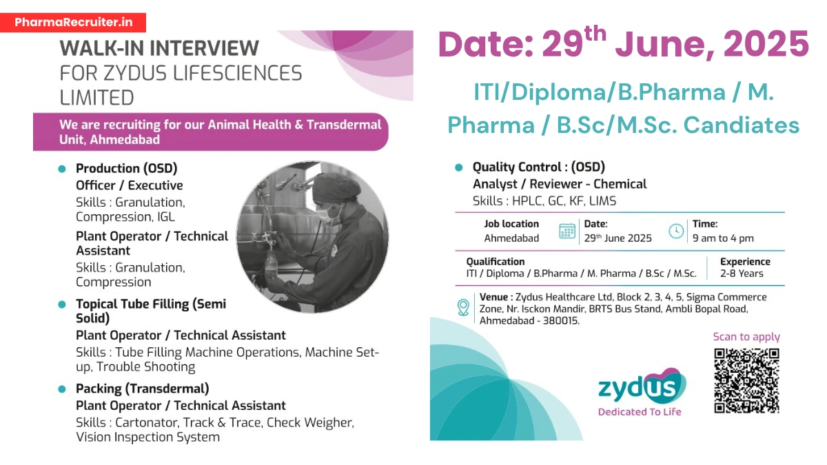 Zydus Lifesciences Walk-In Drive for Production, Packing & Quality Control (OSD) Roles