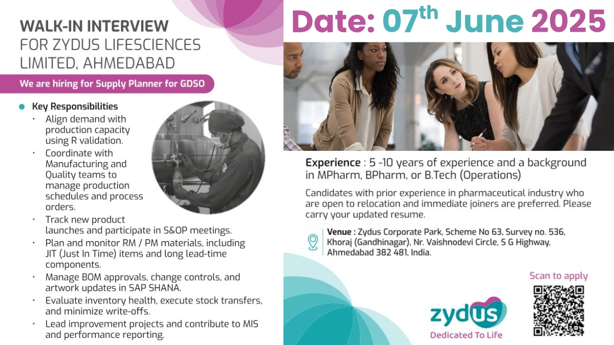 Zydus Lifesciences Walk-In Interview for Supply Planner (GDSO)