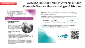 Zydus Lifesciences Walk in Drive for Biotech Careers in Vaccine Manufacturing on 29th June