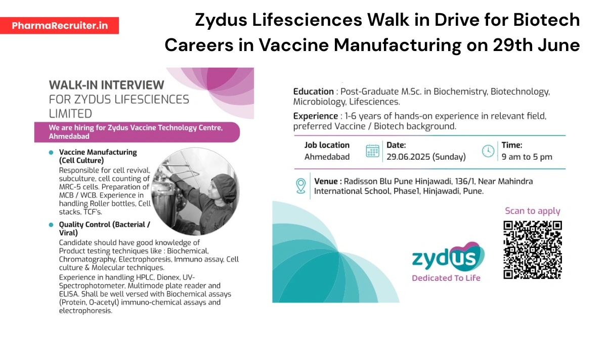 Zydus Lifesciences Walk in Drive for Biotech Careers in Vaccine Manufacturing on 29th June